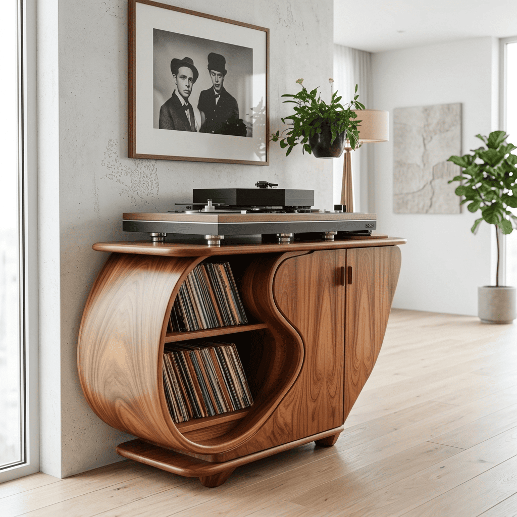Biophilic sculptural vinyl record credenza in solid wood