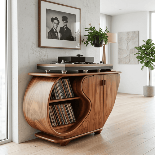 Biophilic Sculptural Solid Wood Vinyl Record Credenza - Handcrafted Turntable Console & Media Sideboard