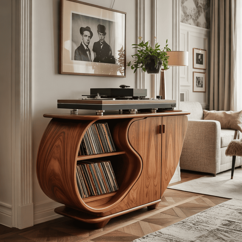 Biophilic solid wood vinyl record credenza in a contemporary living room
