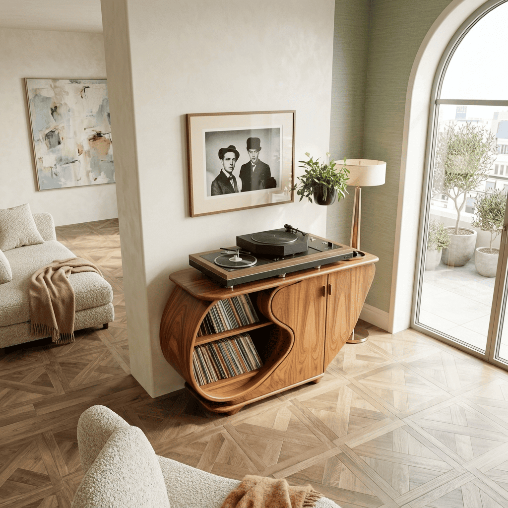 Sculptural solid wood vinyl console enhancing a contemporary music corner