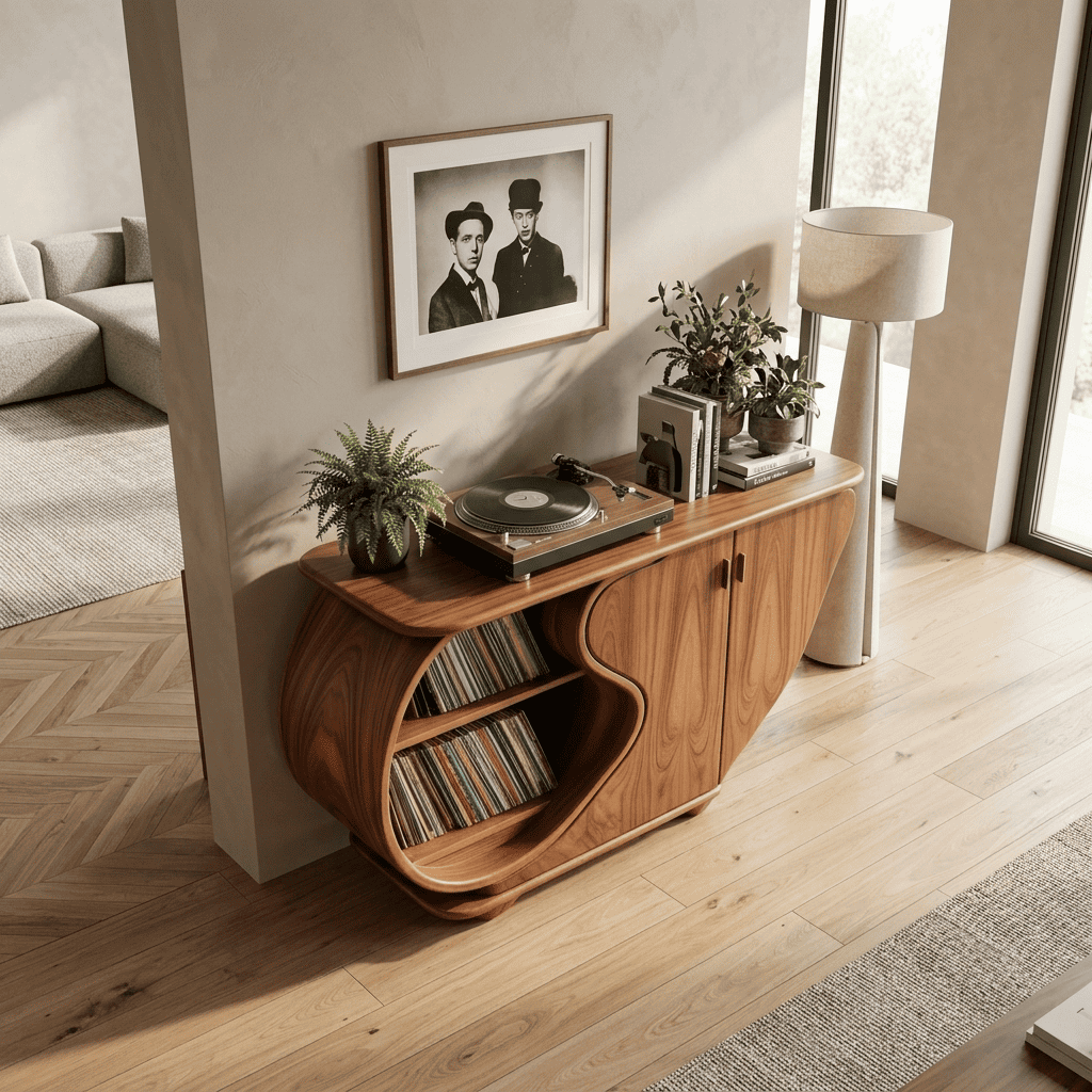 Handcrafted solid wood turntable console styled in a modern listening room
