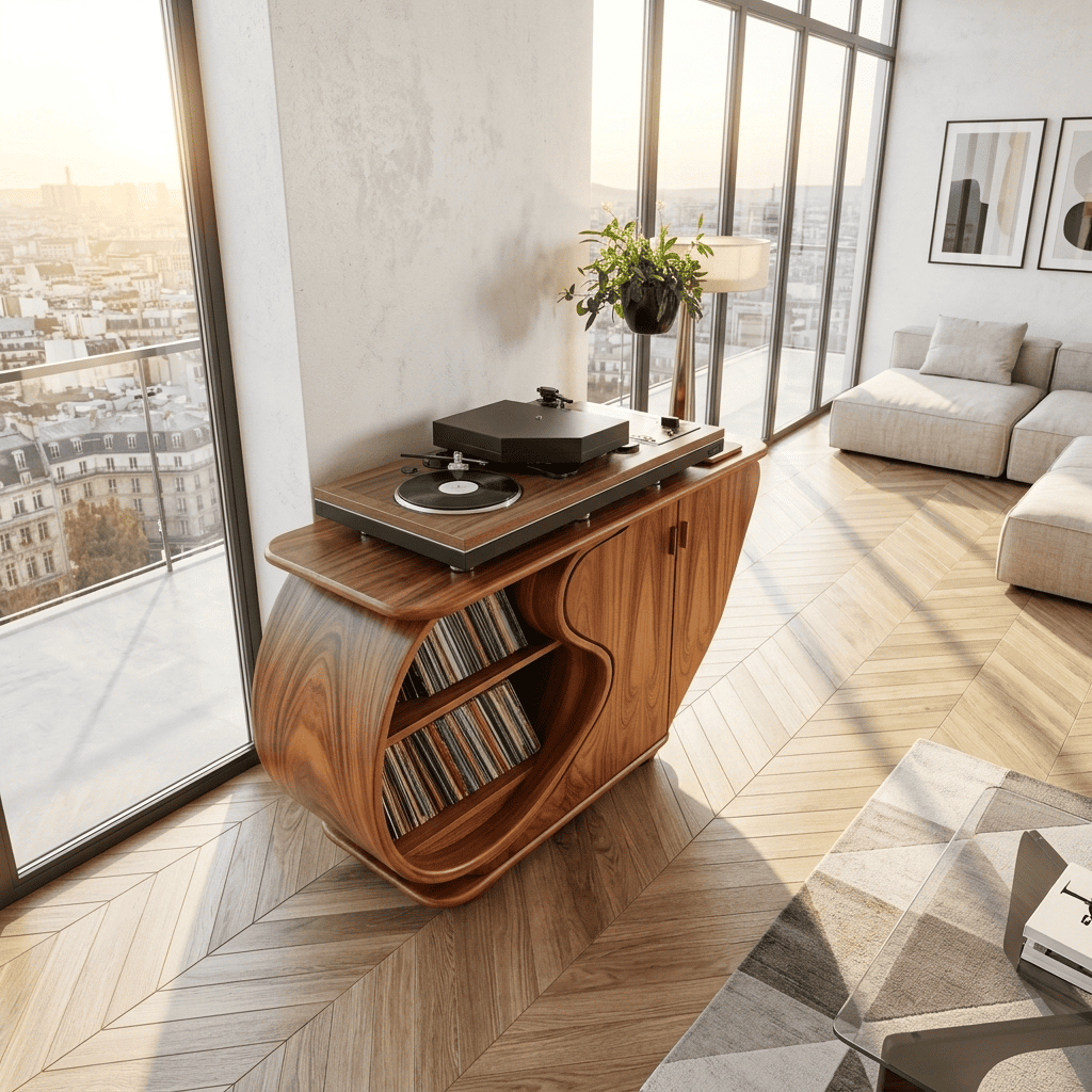 Biophilic solid wood turntable credenza showcased in an elegant home interior