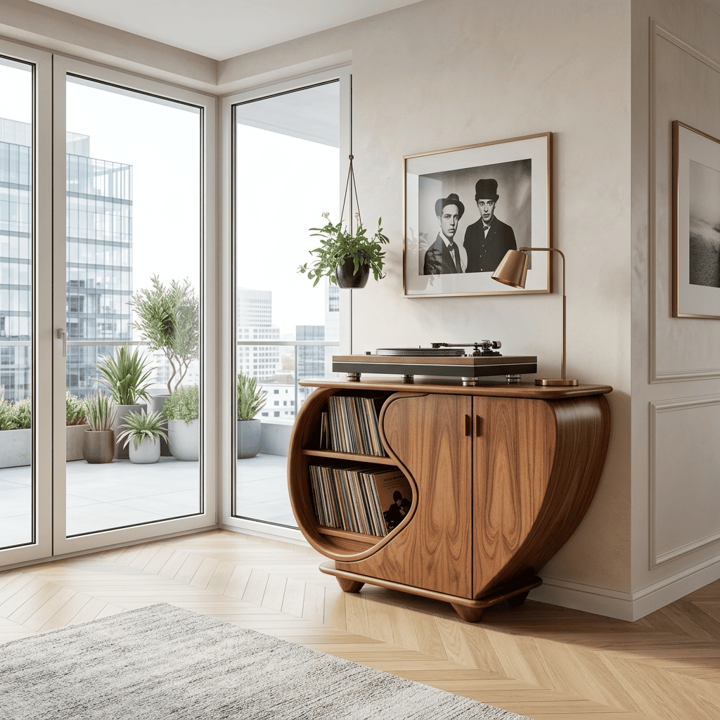 Organic solid wood media sideboard displayed in a minimalist entertainment space
