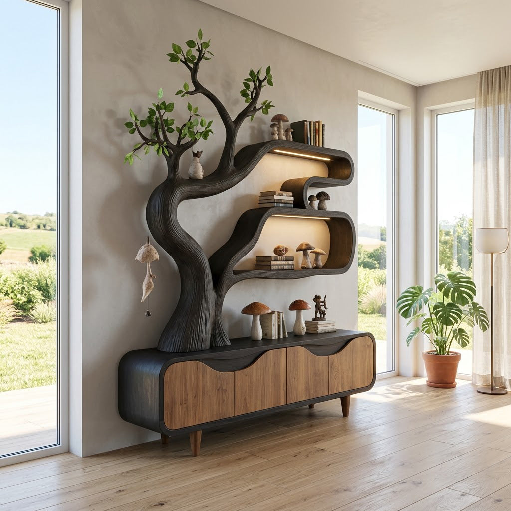 Biophilic tree bookshelf and storage credenza with lights in solid wood