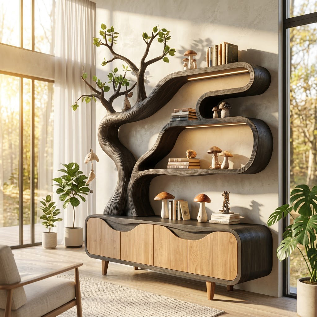 Illuminated natural timber tree bookcase and storage cabinet for a cozy modern living room