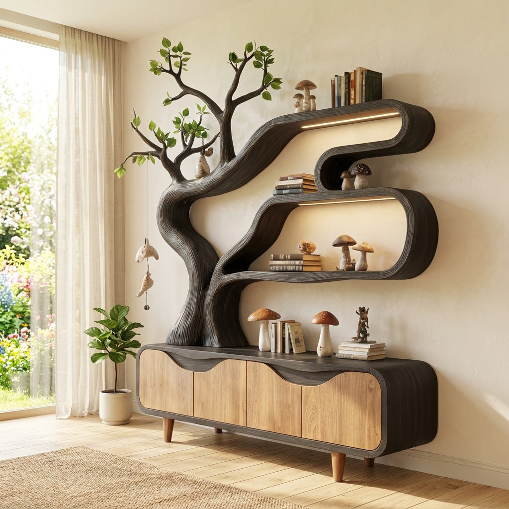 Japandi solid wood illuminated tree credenza unit creating an ambient focal point in an entryway