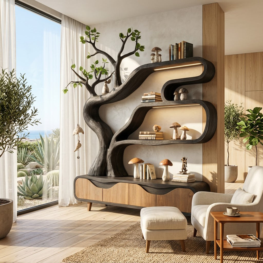 Biophilic solid wood tree bookshelf credenza styled with warm lighting in an executive reading nook