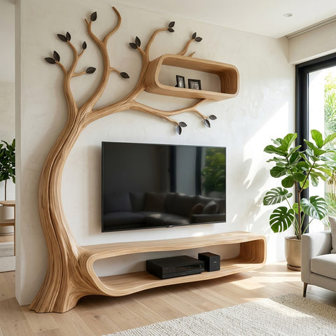 Biophilic Tree Media Console and Floating Wall Shelf Unit Sculpted from Solid Timber