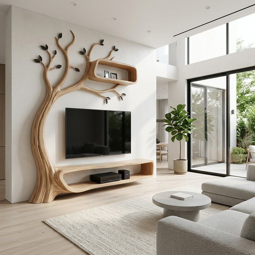 Biophilic Tree Media Console and Floating Wall Shelf Unit Sculpted from Solid Timber