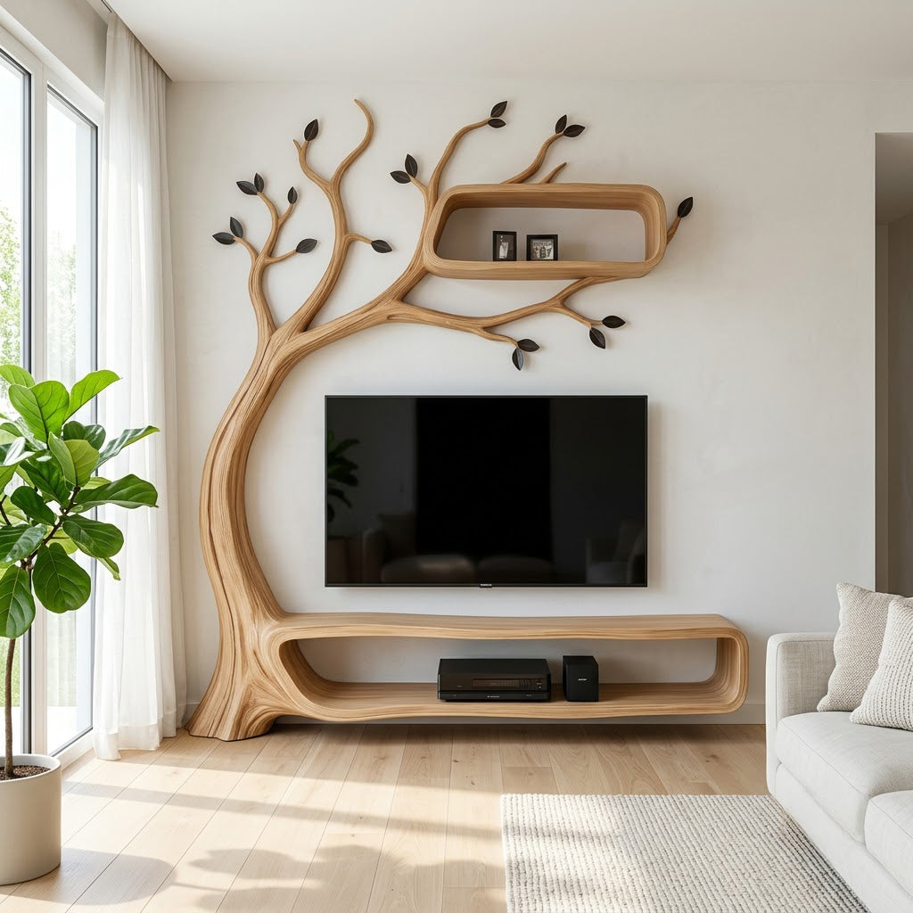 Biophilic Tree Media Console and Floating Wall Shelf Unit Sculpted from Solid Timber