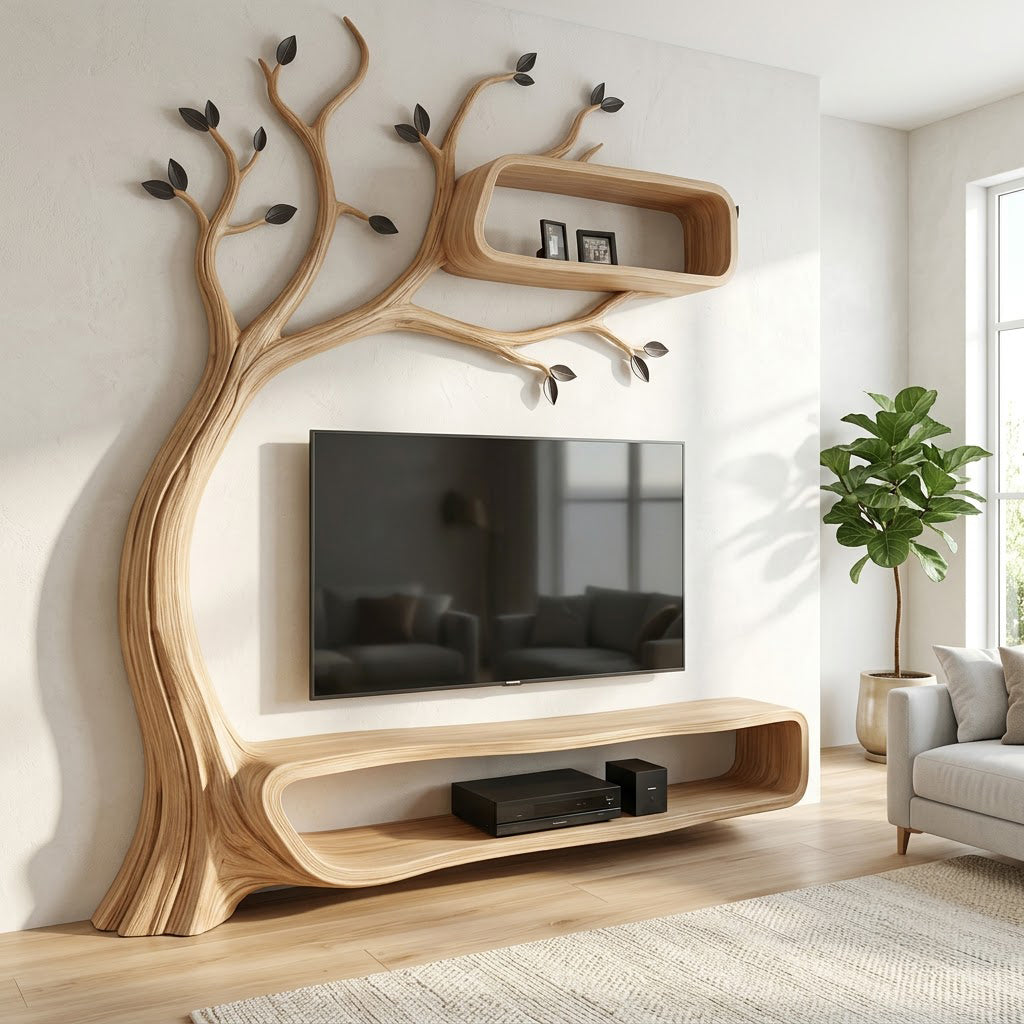 Biophilic Tree Media Console and Floating Wall Shelf Unit Sculpted from Solid Timber