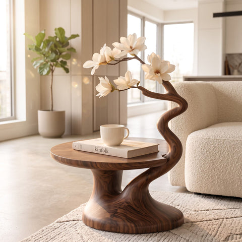 Blooming magnolia branch accent side table in solid wood