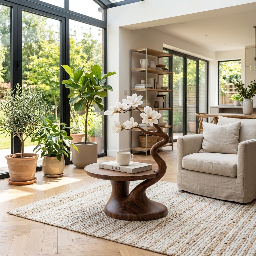 Blooming magnolia branch solid wood side table in a contemporary living room