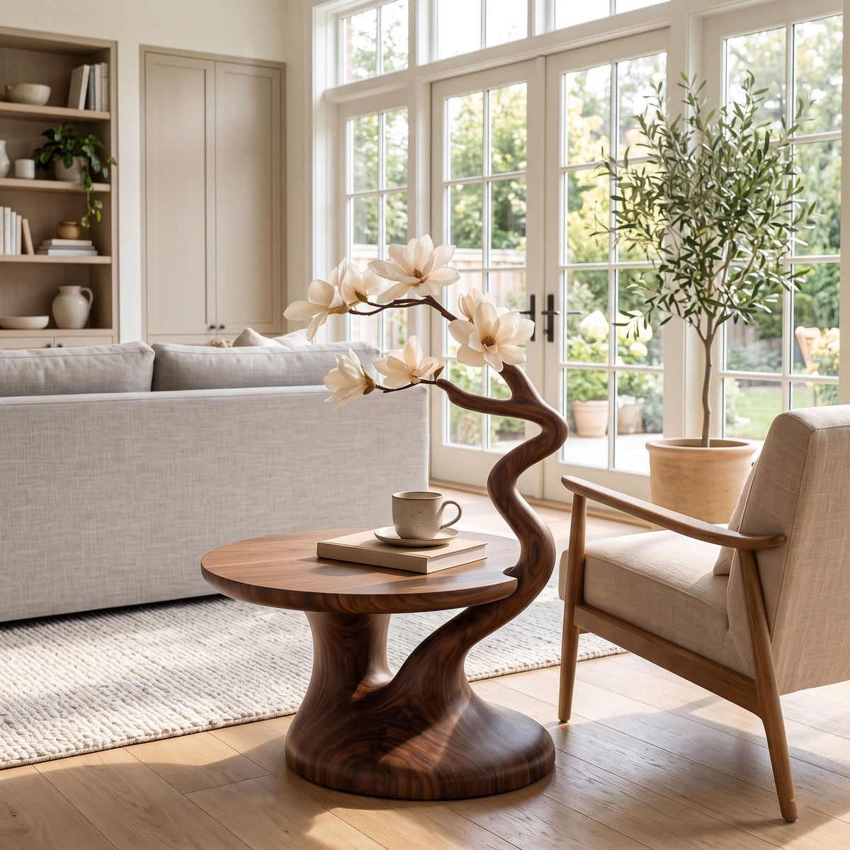 Sculptural magnolia branch table featured in a sophisticated home interior
