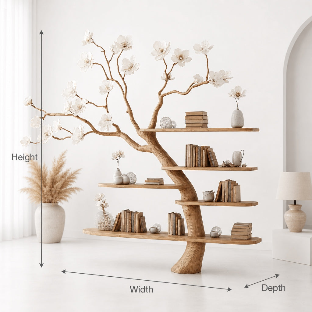 Tree bookshelf with blooming decorations for an elegant living room