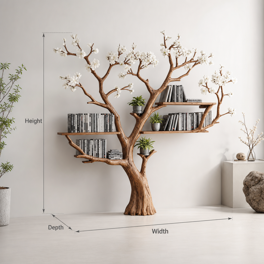 Blooming Tree Bookshelf – Handmade Wooden Wall Branch Shelf with White Flowers