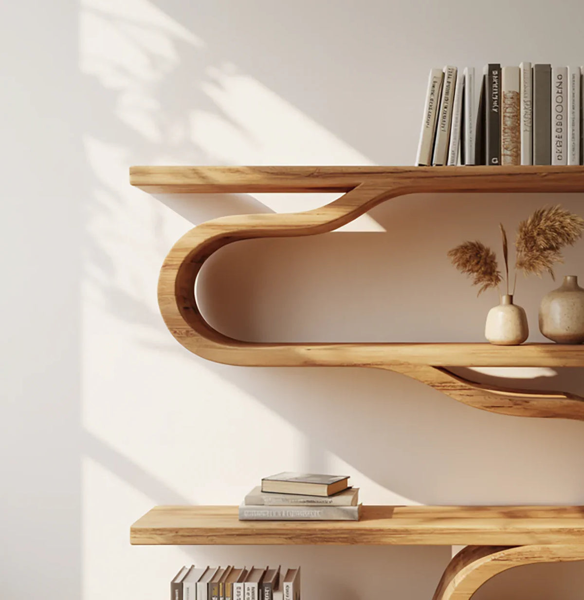 Modern curved wooden bookshelf for home or office display