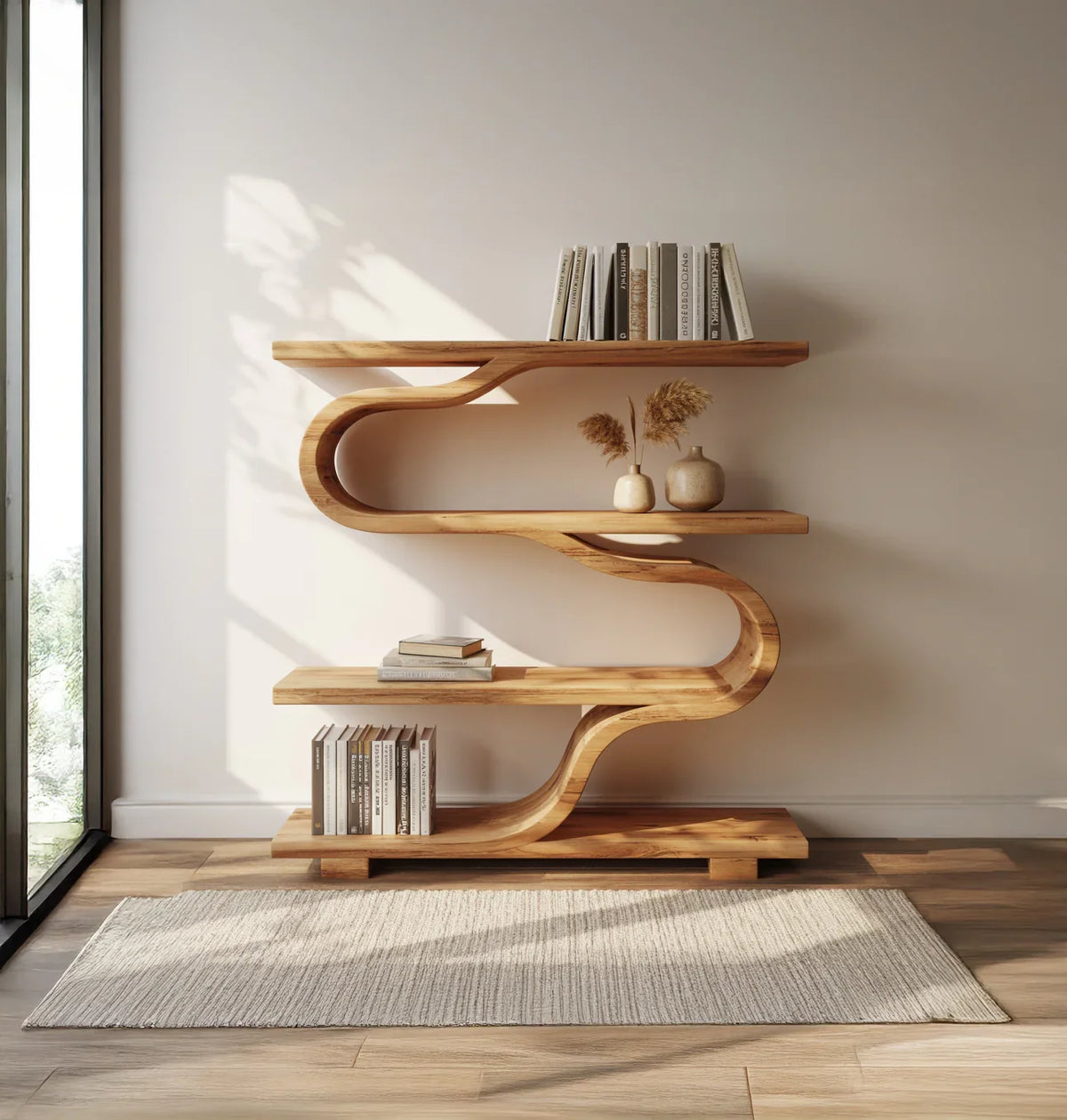 Curved wooden bookshelf for living room or office decor