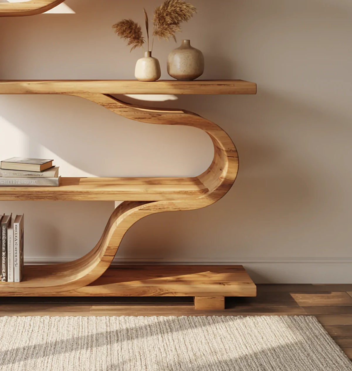 Sculptural wood shelf with organic shape for contemporary interiors