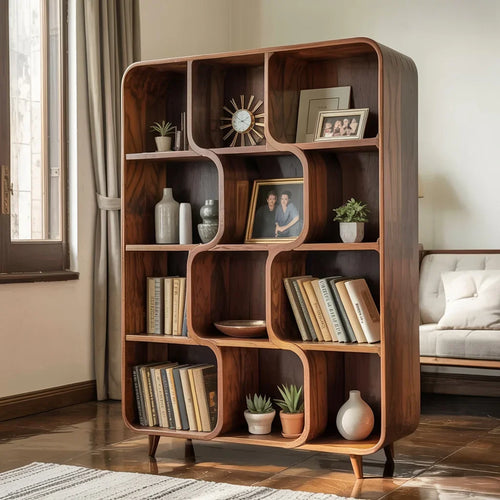 Mid-Century Solid Wood Bookshelves - Organic Modern Curved Display Shelf