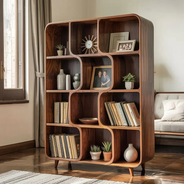 Mid-Century Solid Wood Bookshelves - Organic Modern Curved Display She