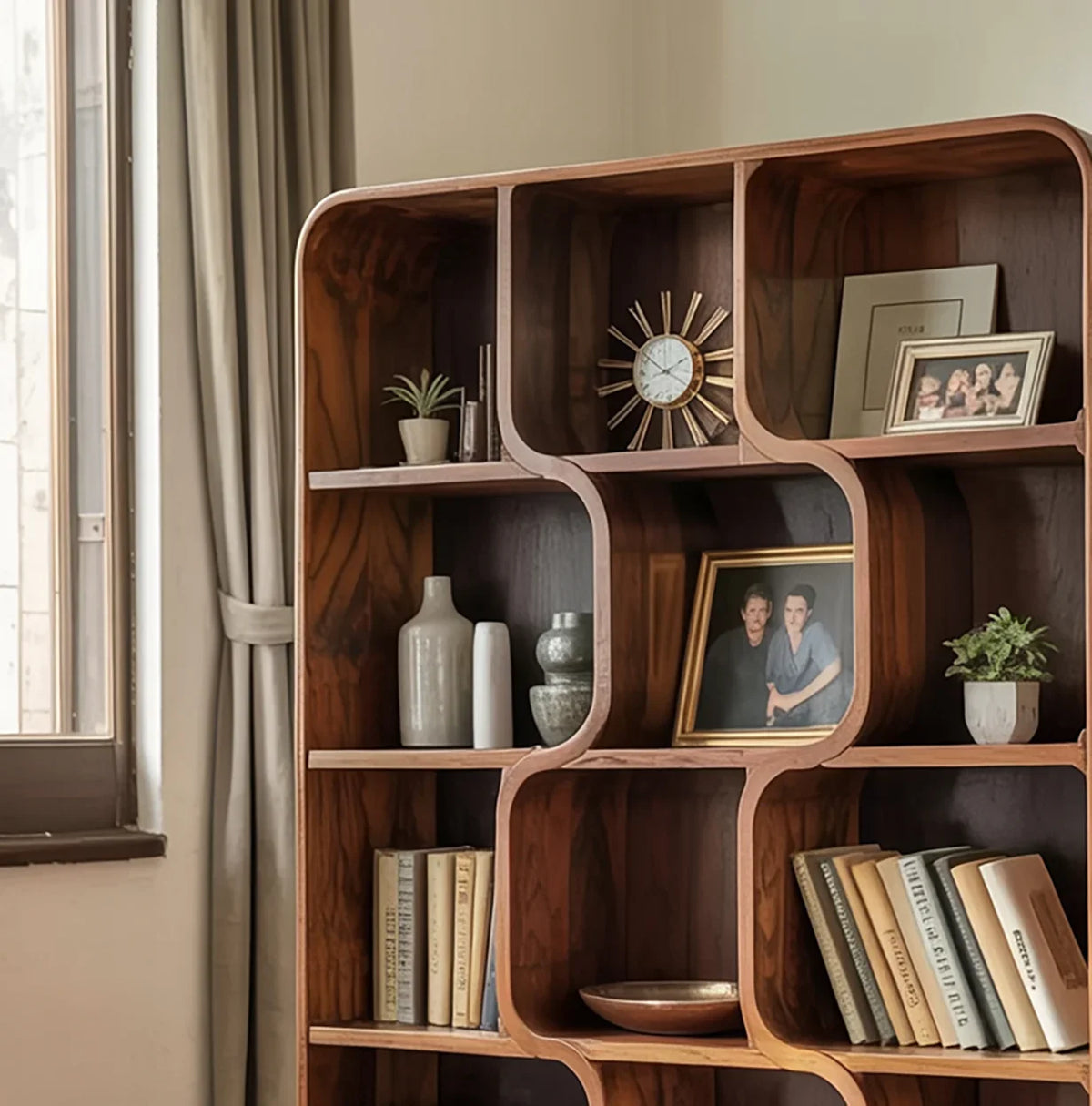 Mid-Century Curved Solid Wood Bookshelf – Organic Modern Display Shelf