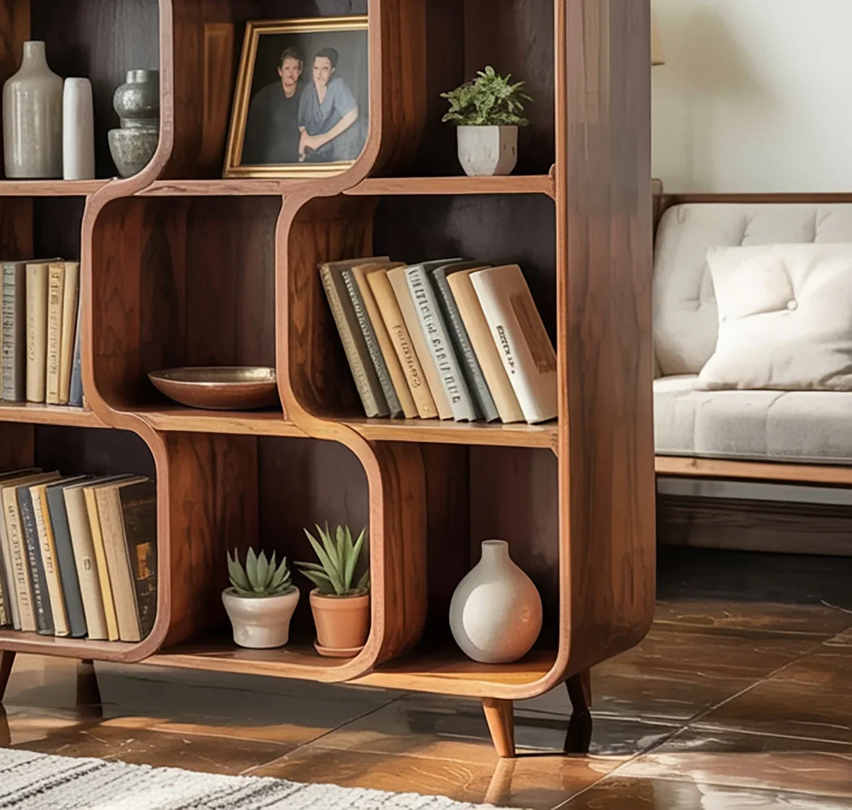 Mid-Century Curved Solid Wood Bookshelf – Organic Modern Display Shelf