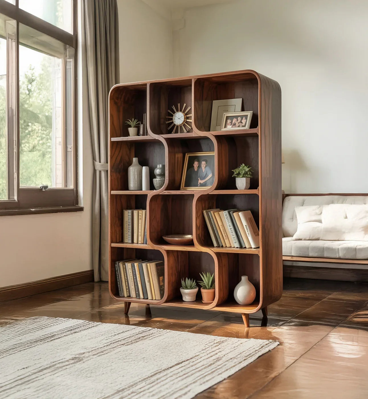Mid-Century Solid Wood Bookshelves - Organic Modern Curved Display She