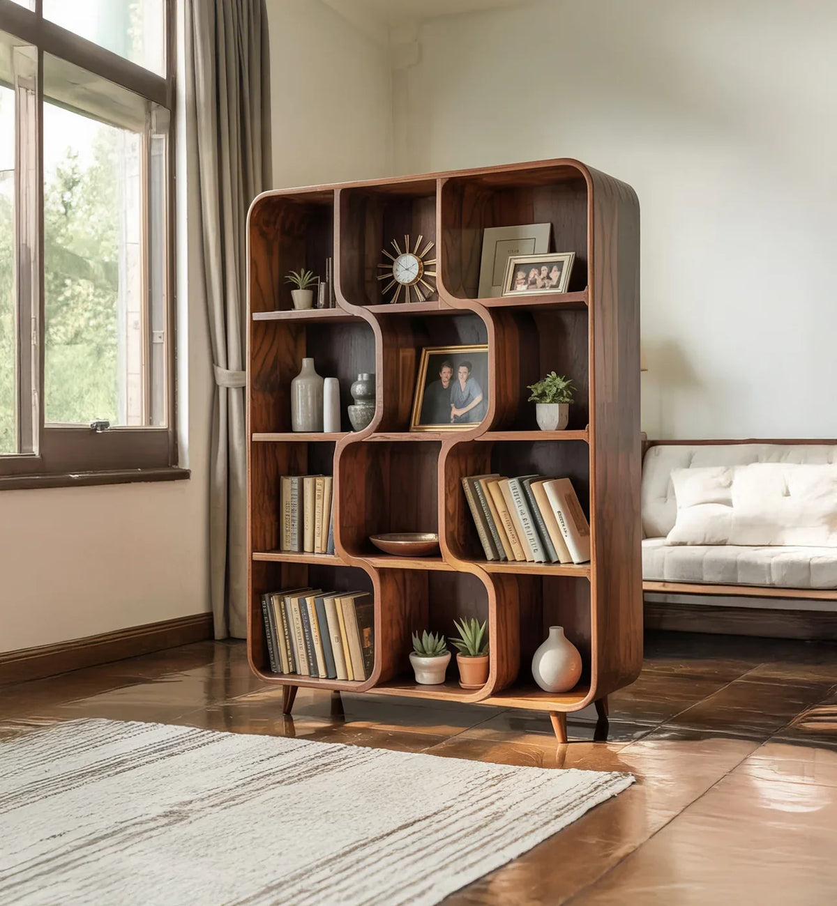 Mid-Century Solid Wood Bookshelves - Organic Modern Curved Display Shelf