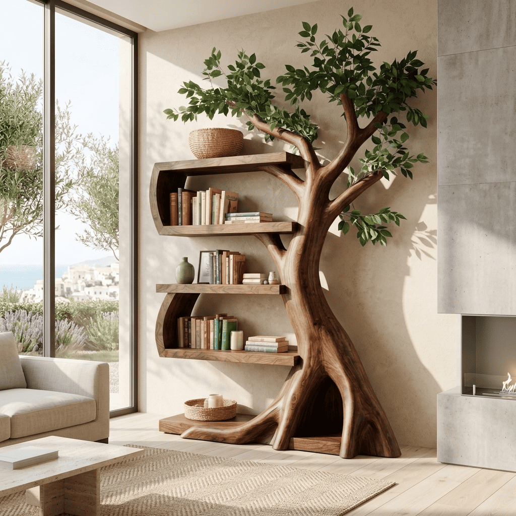 Botanical branching tree bookshelf in solid wood