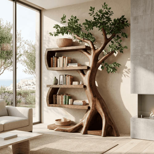 Botanical Branching Solid Wood Tree Bookshelf Sculptural Curved Storage Unit