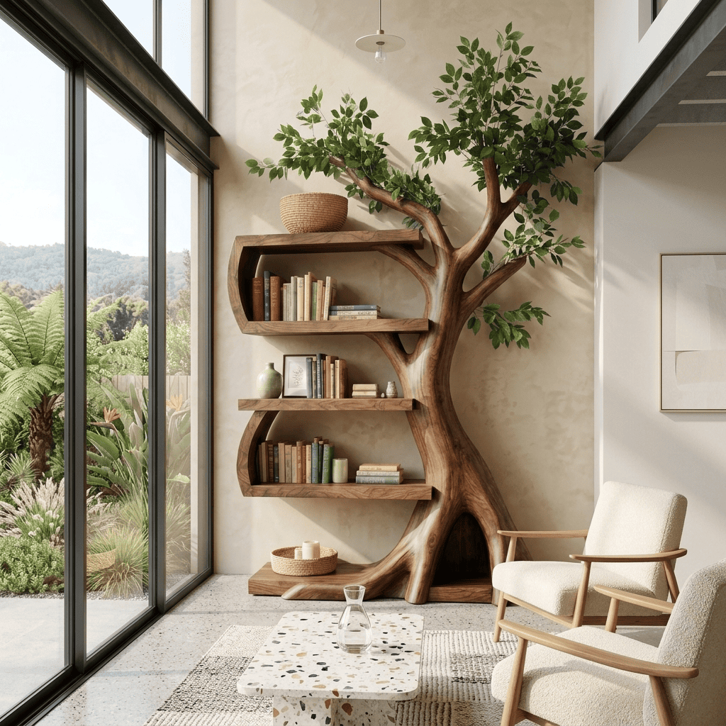 Sculptural solid wood curved storage unit styled in a modern reading nook