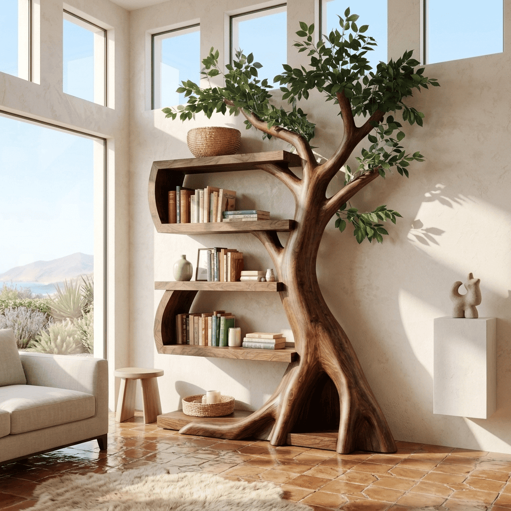 Botanical solid wood branching tree bookshelf in a contemporary living room
