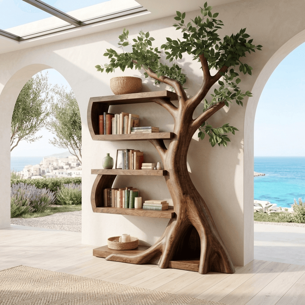 Artistic solid wood branching bookshelf enhancing a contemporary living space