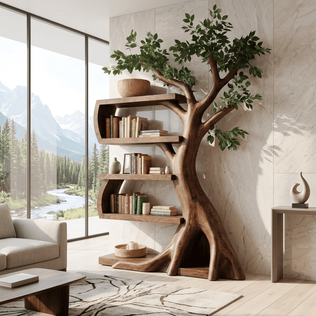 Sculptural solid wood curved bookcase showcased as a statement interior piece