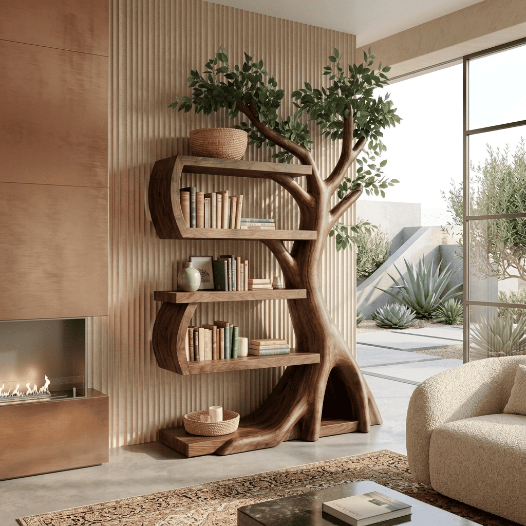 Organic solid wood tree bookshelf displayed in a minimalist living room