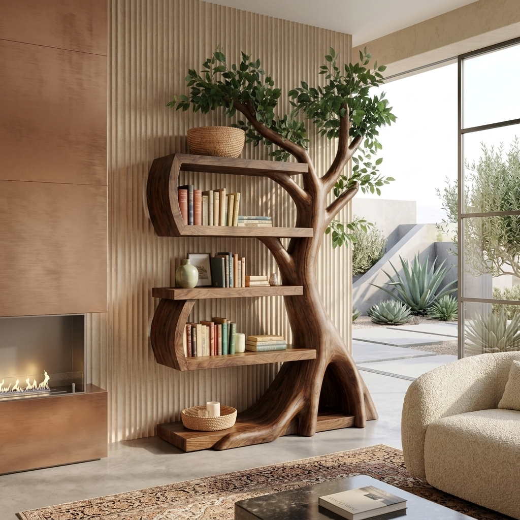 Handcrafted solid wood branching tree bookshelf styled in an elegant living room