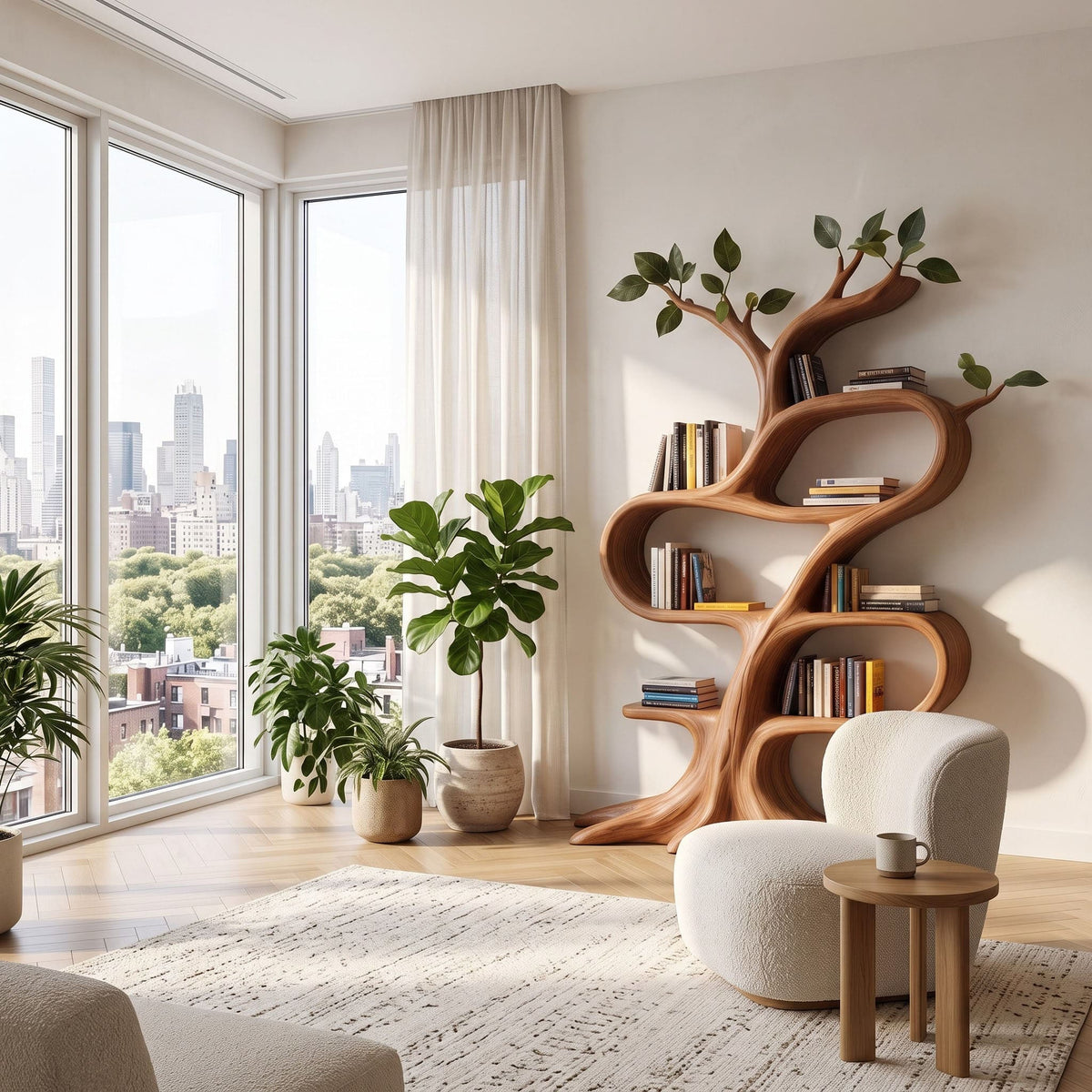 Botanical canopy living tree solid wood bookcase in a contemporary living room