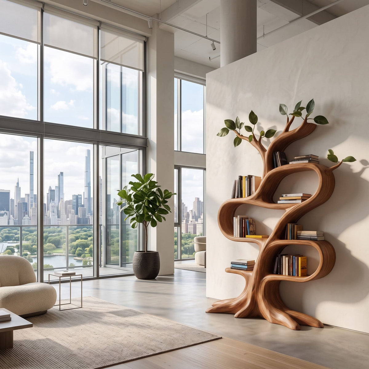 Organic solid wood tree bookcase displayed in a minimalist home office