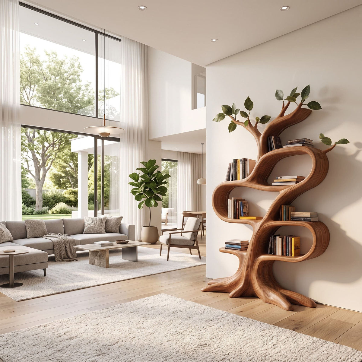 Sculptural solid wood looped shelving enhancing a contemporary living space