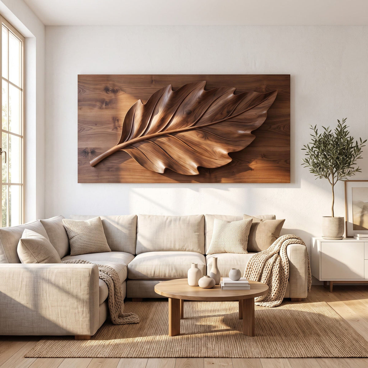 Botanical leaf 3D relief wall sculpture hand carved from solid wood