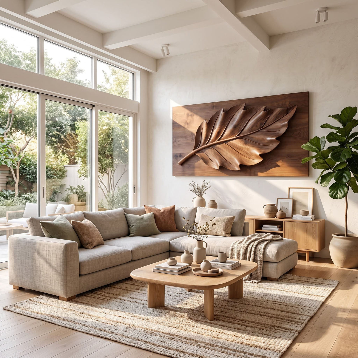 Botanical leaf 3D relief wall sculpture displayed in a modern living room
