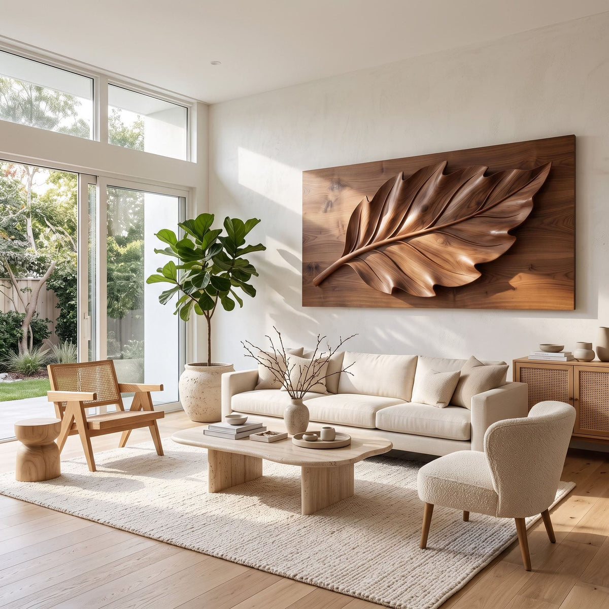 Handcrafted botanical wall sculpture with dimensional leaf textures in a minimalist space