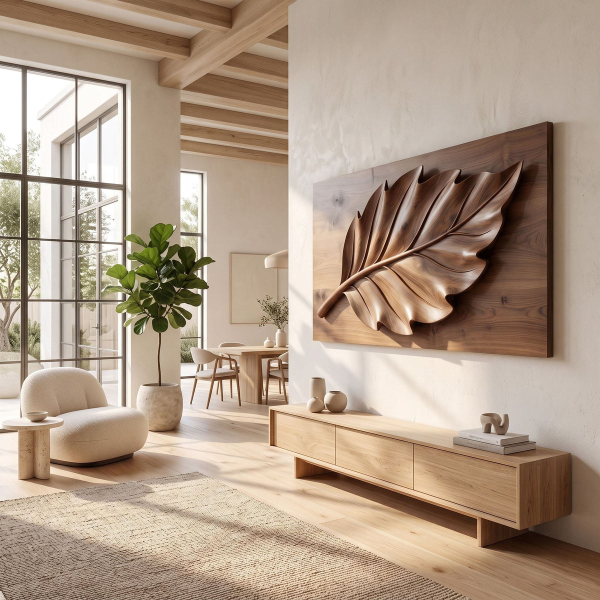- 3D carved botanical leaf wall art enhancing a sophisticated home interior