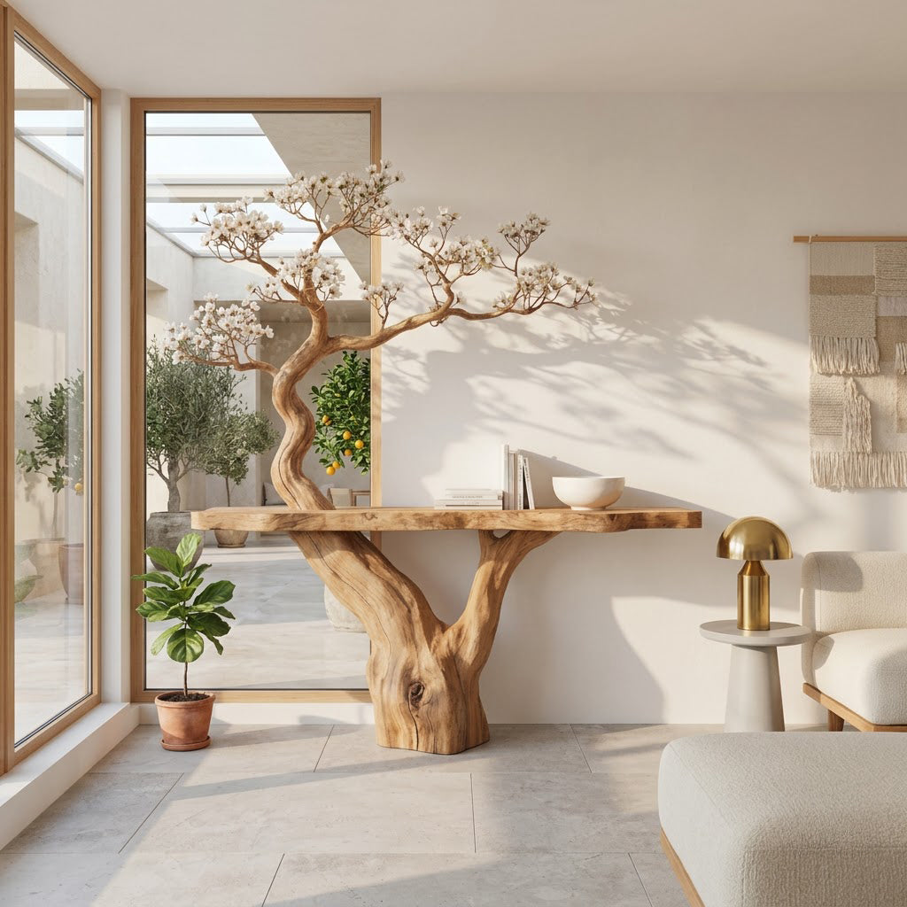 Botanical live-edge console table in solid wood