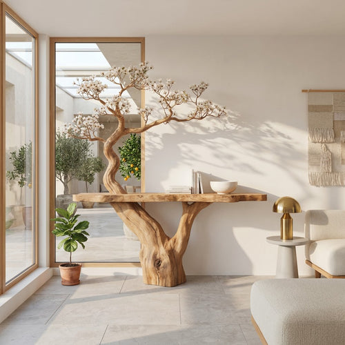 Botanical Live-Edge Timber Console Table - Hand-Carved Tree Trunk & Canopy Feature