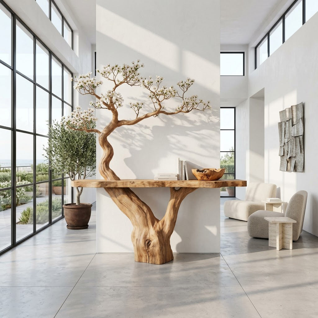 Botanical live-edge solid wood console table in a contemporary entryway