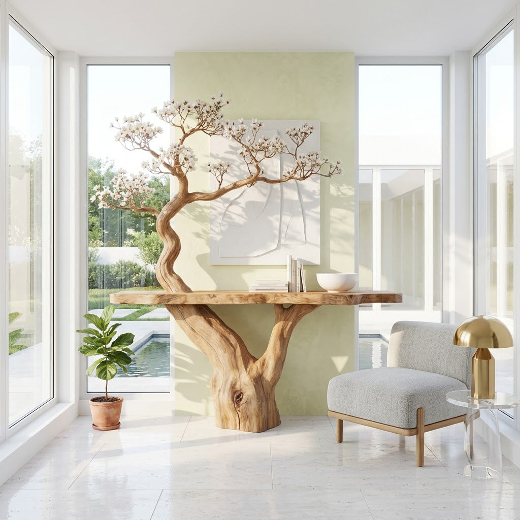 Artistic solid wood tree trunk console enhancing a contemporary home