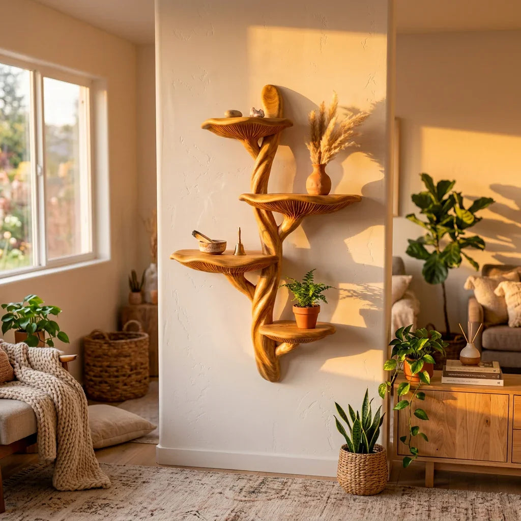 Braided Trunk Mushroom Wall Shelf with 4 Wavy Rim Platforms - Handcrafted Solid Wood Sculptural Floating Shelf with Intertwined Double Stem - Ashdeco 2026