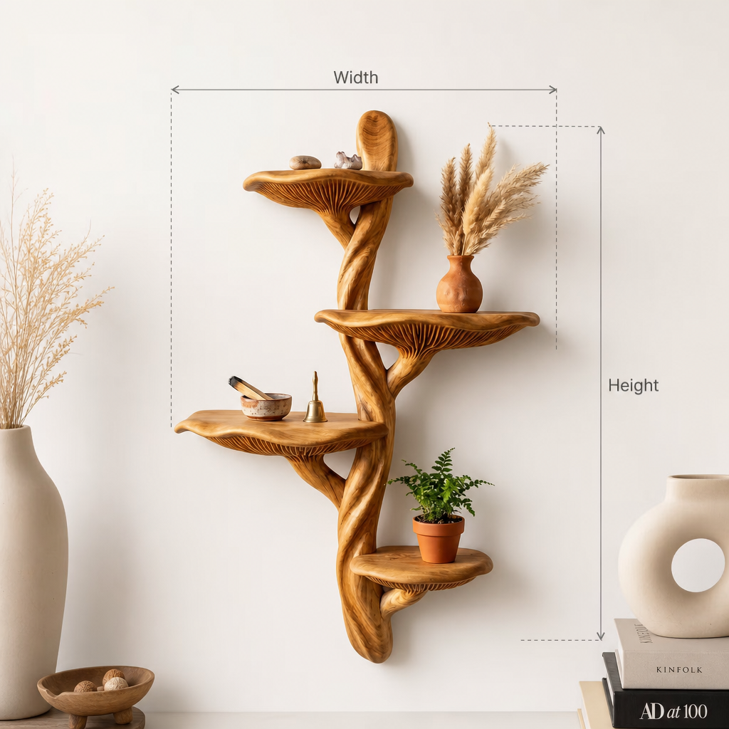 Braided Trunk Mushroom Wall Shelf with 4 Wavy Rim Platforms - Handcrafted Solid Wood Sculptural Floating Shelf with Intertwined Double Stem